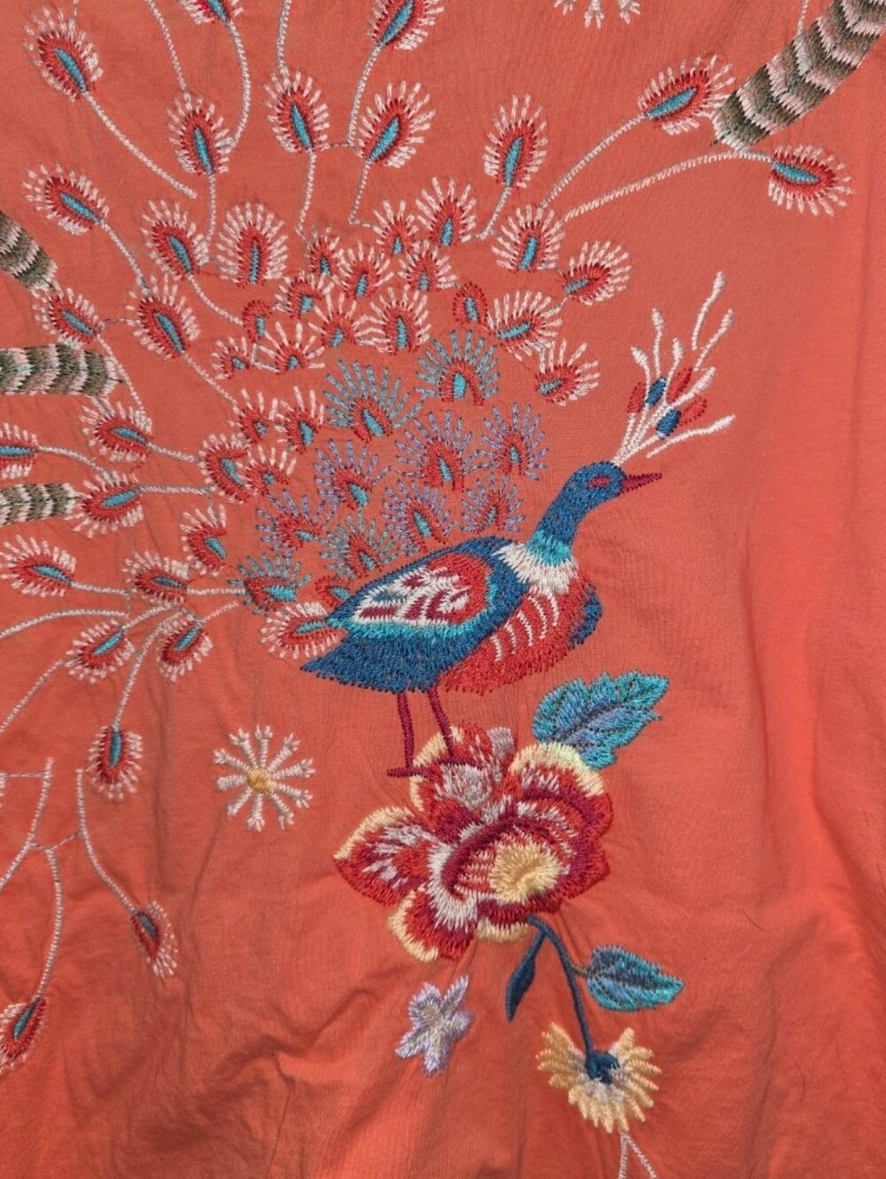 Johnny Was XL Short Sleeve Tops Tunic Coral With Embroidered Peacock NWT - Picture 7 of 9